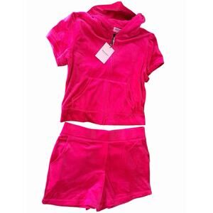NWT Juicy Couture Bling Velour Tracksuit Shorts Hoodie Set Watermelon Pink Sz L